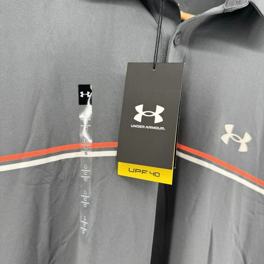 NEW‎ Under Armour Playoff Polo Large Shirt Golf Gray Orange UA 3.0 Stripe Polo